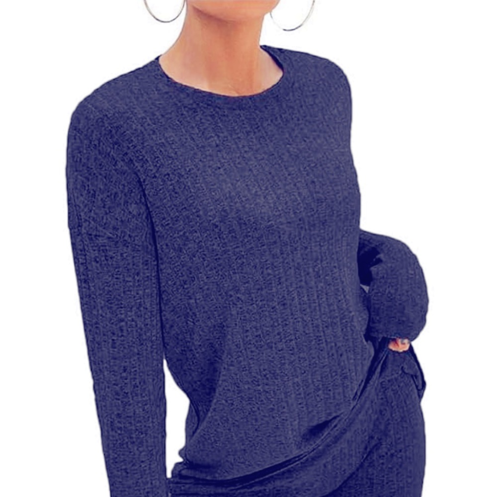 EKOUAER navy blue ribbed long sleeve stretch pajama lounge top size large